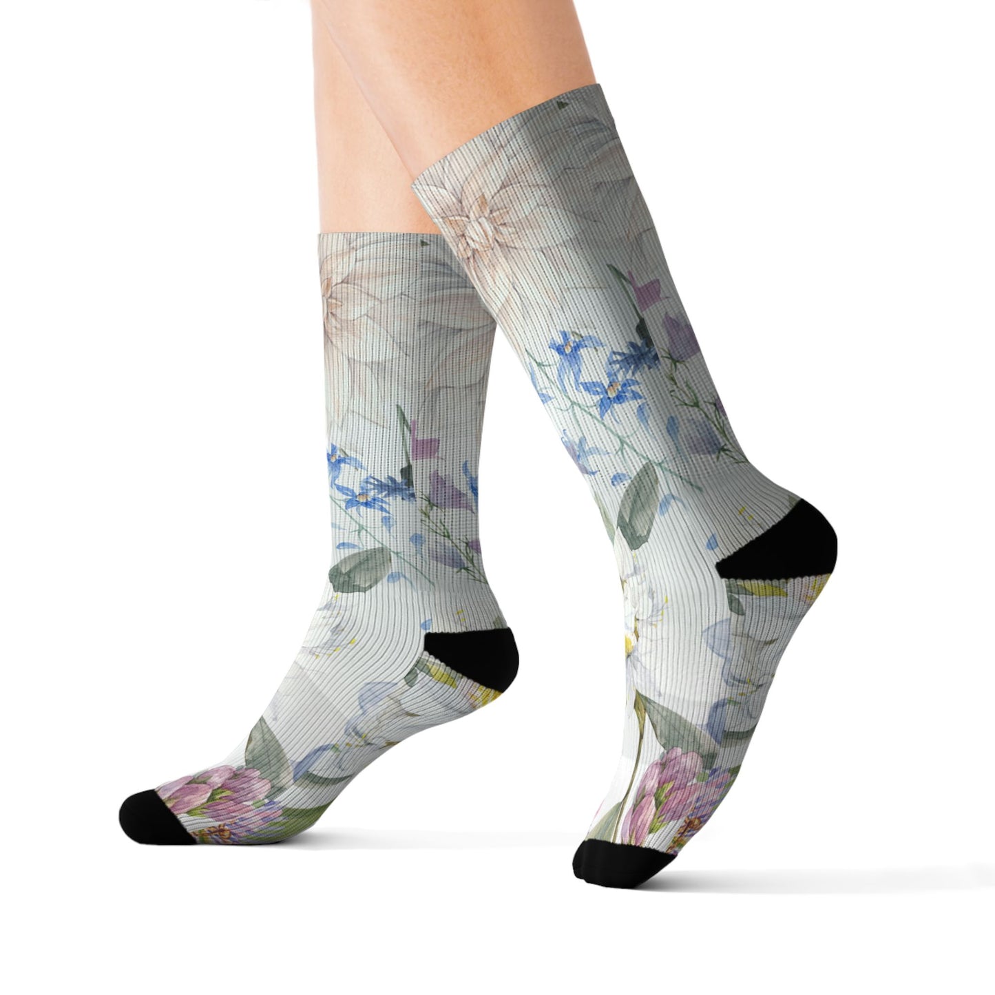 Watercolor Wildflower Socks | Floral Crew Socks, Pastel Garden Print