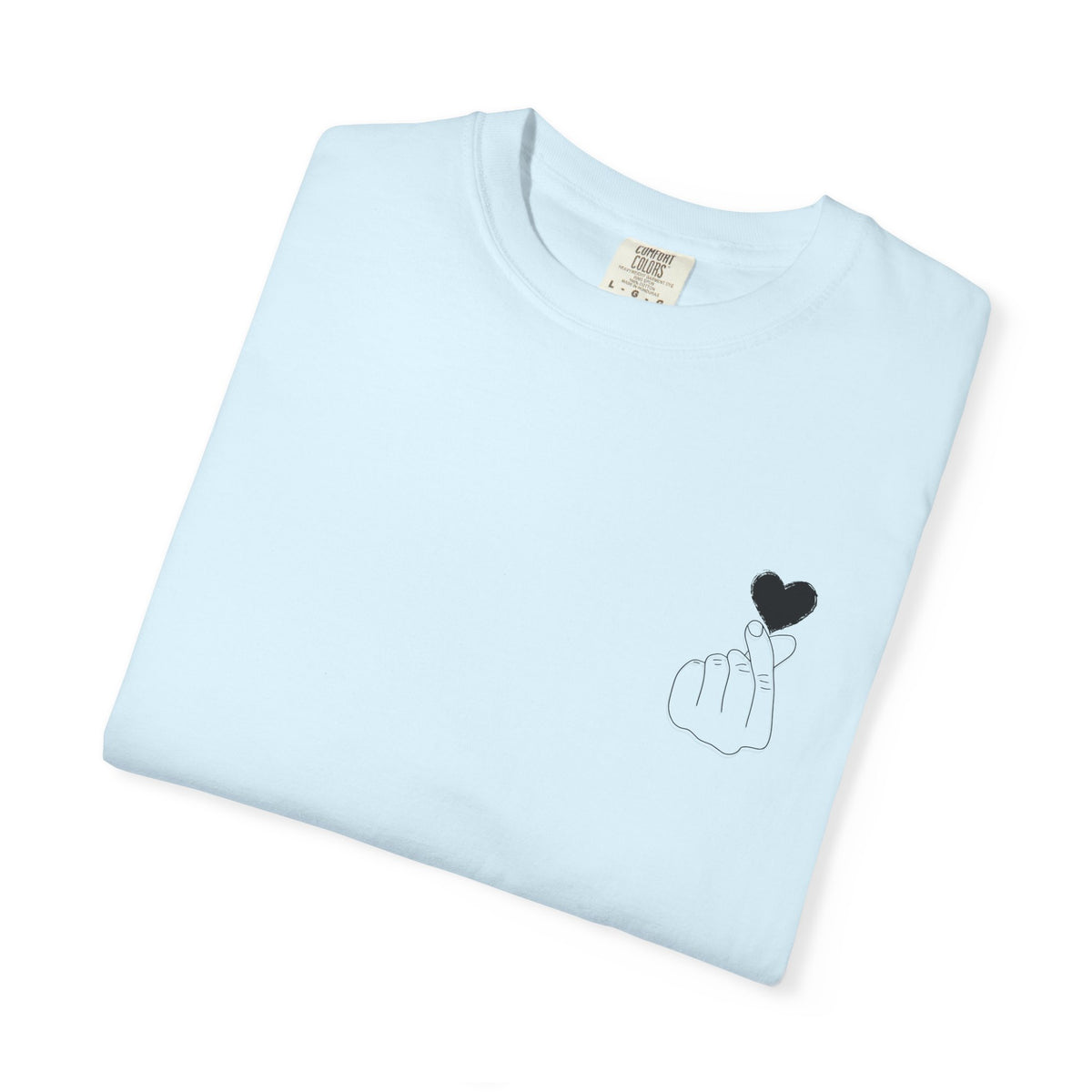 Black T-shirt with a minimal white finger heart graphic, casual style, by Printify.