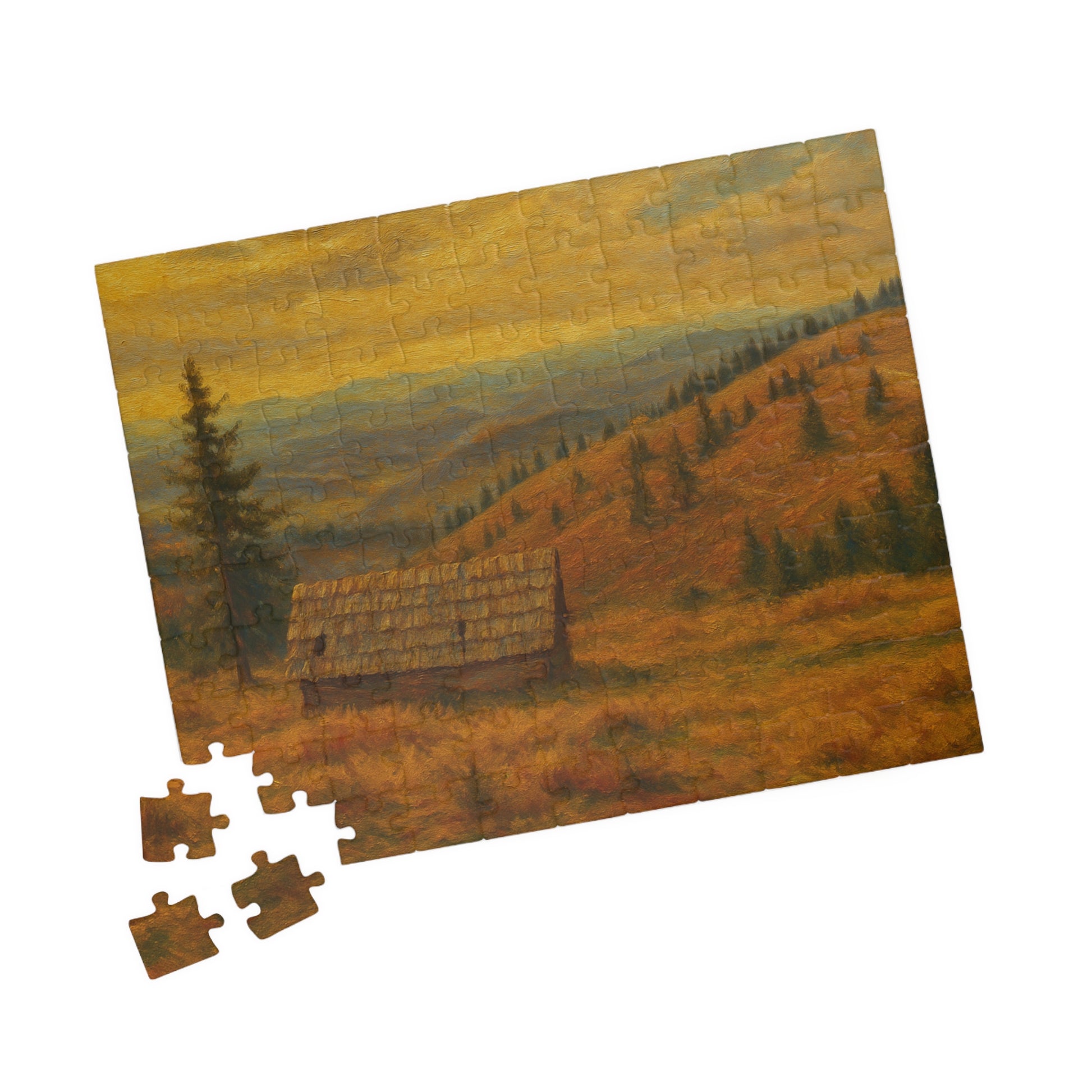 Autumn mountain cabin landscape puzzle with 520 pieces by Printify, showing a cozy cabin surrounded by colorful fall trees