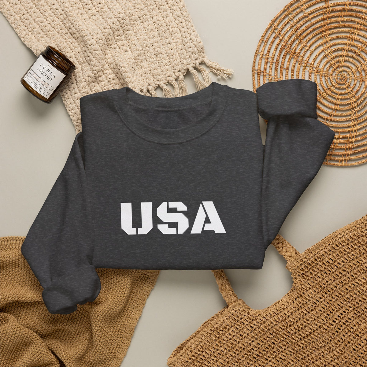 USA Printify crewneck sweatshirt with patriotic design, cozy fit, perfect for all seasons and casual wear.