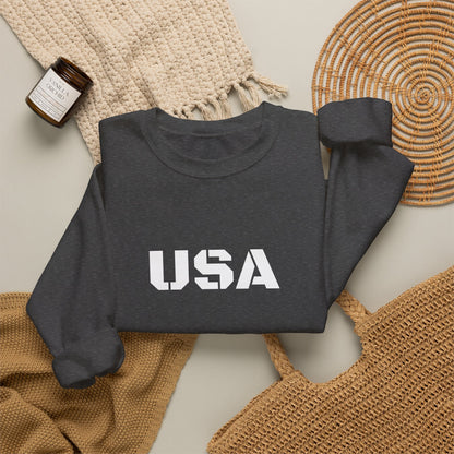 USA Printify crewneck sweatshirt with patriotic design, cozy fit, perfect for all seasons and casual wear.