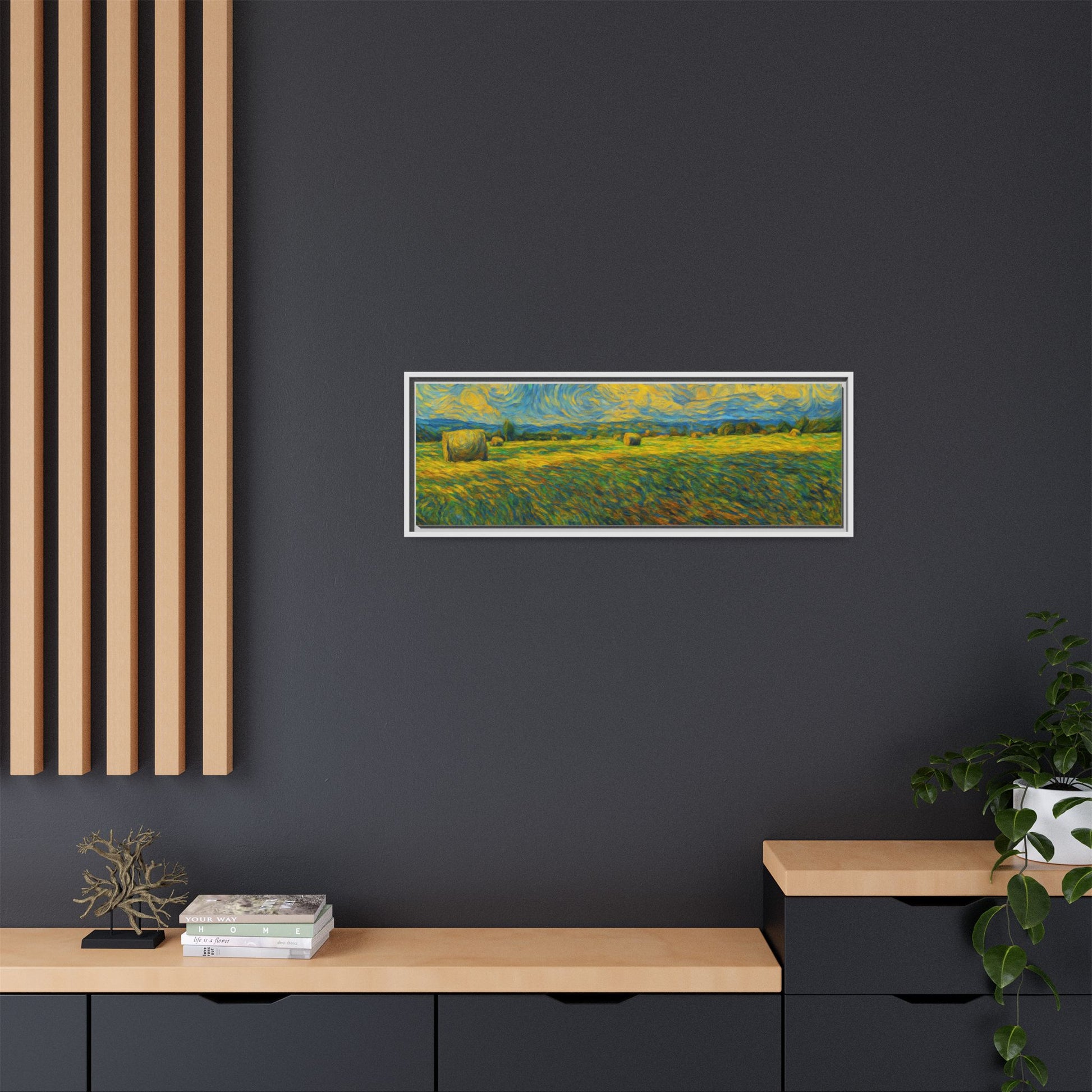 Framed landscape matte canvas print by Printify featuring a vibrant multi-color scenic design on high-quality canvas.