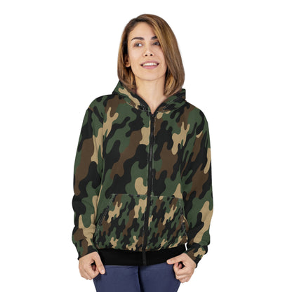 Military green camo zip hoodie for men and women with all-over print, hooded jacket by Printify.