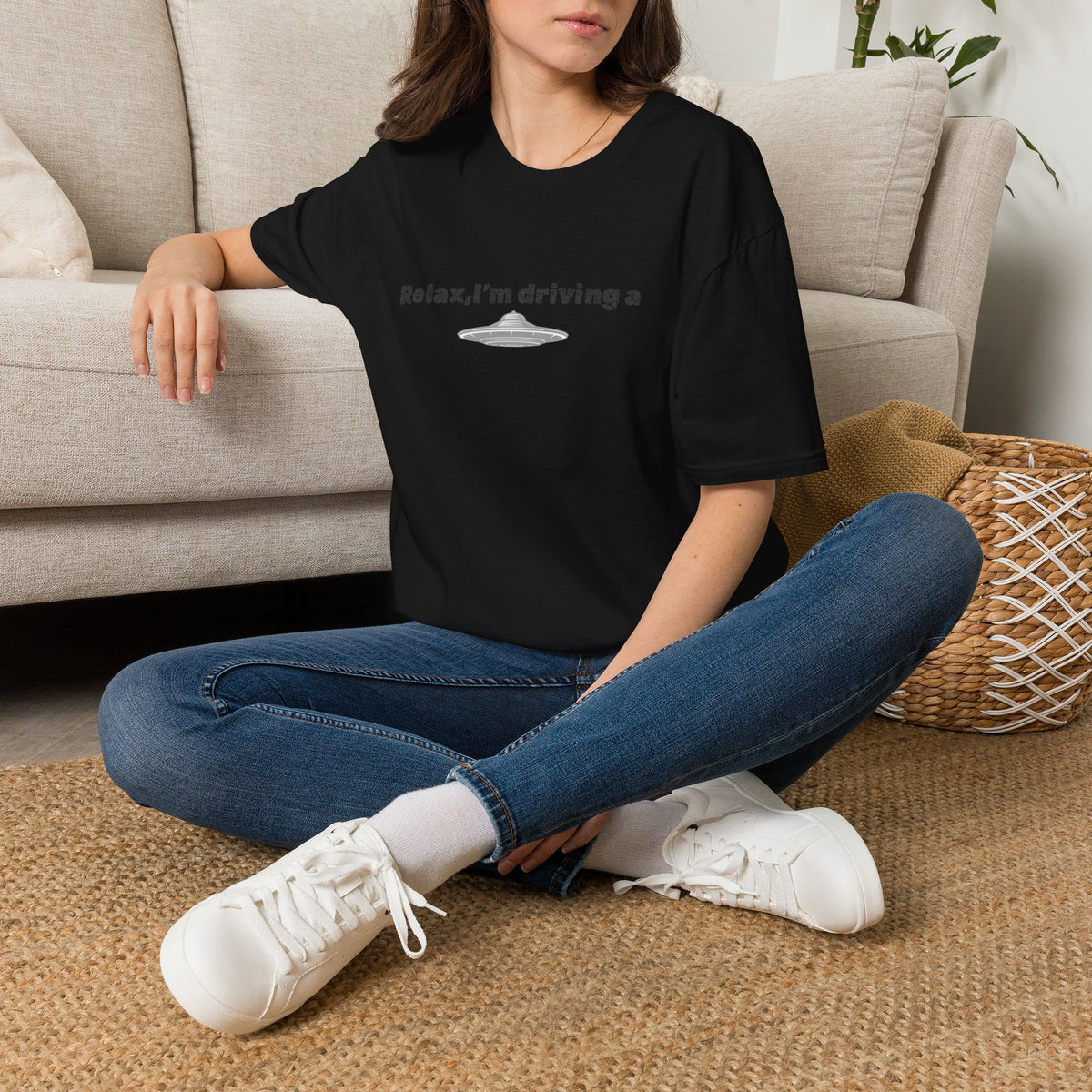 Funny alien graphic T-shirt by Printify featuring a UFO design, perfect for sci-fi fans and casual wear.