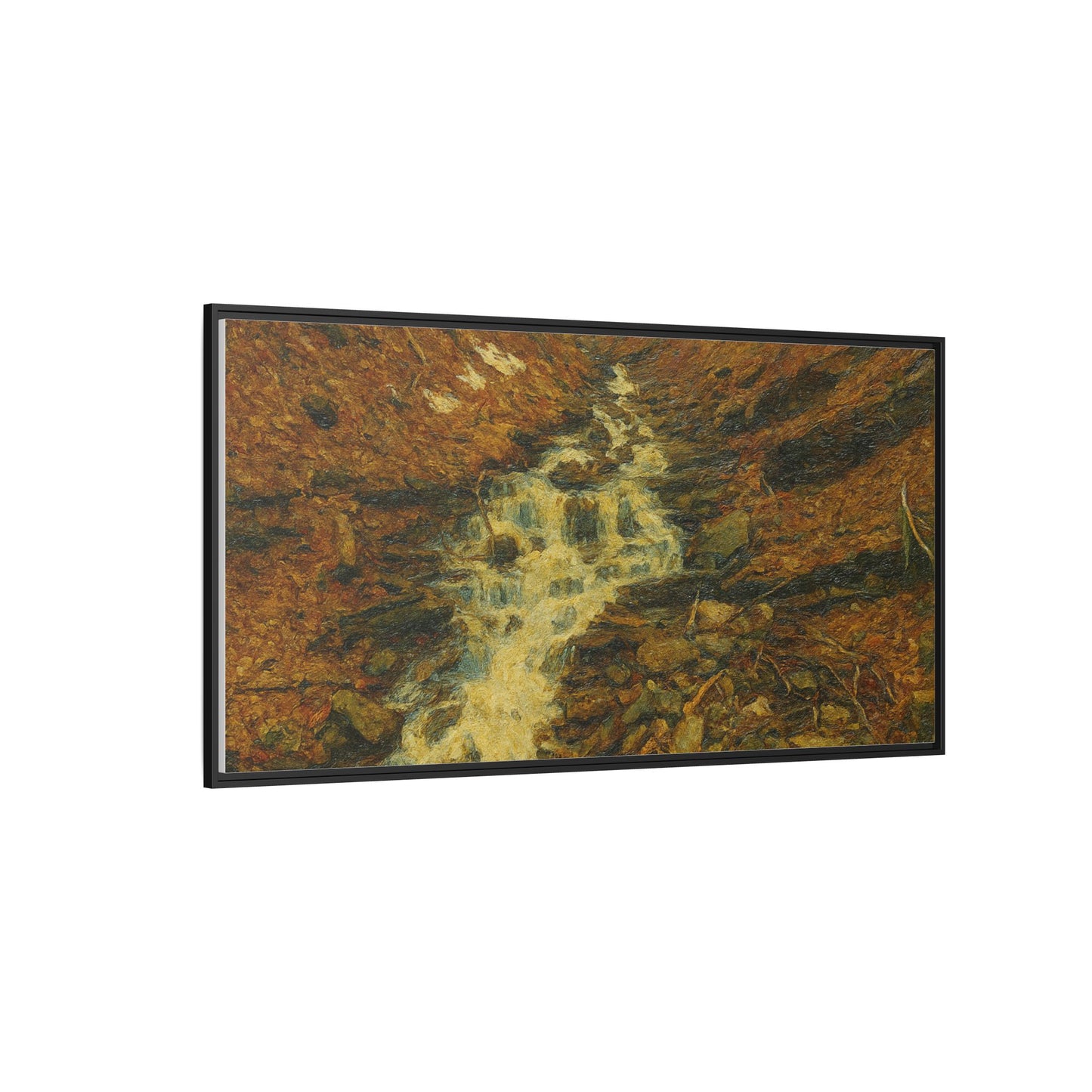 Framed matte canvas print of autumn stream landscape artwork by Printify, showcasing vibrant fall colors and serene nature scene