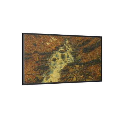 Framed matte canvas print of autumn stream landscape artwork by Printify, showcasing vibrant fall colors and serene nature scene