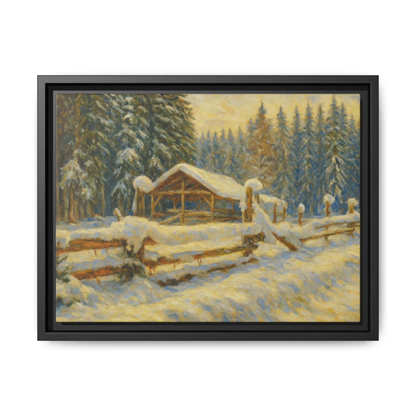 Snowy cabin matte canvas framed wall art featuring a winter landscape painting with snow-covered trees and a cozy cabin scene.