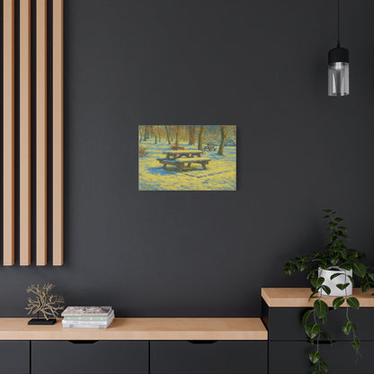 Winter picnic canvas print featuring a snow-covered park bench wall art by Printify, ideal for cozy seasonal decor