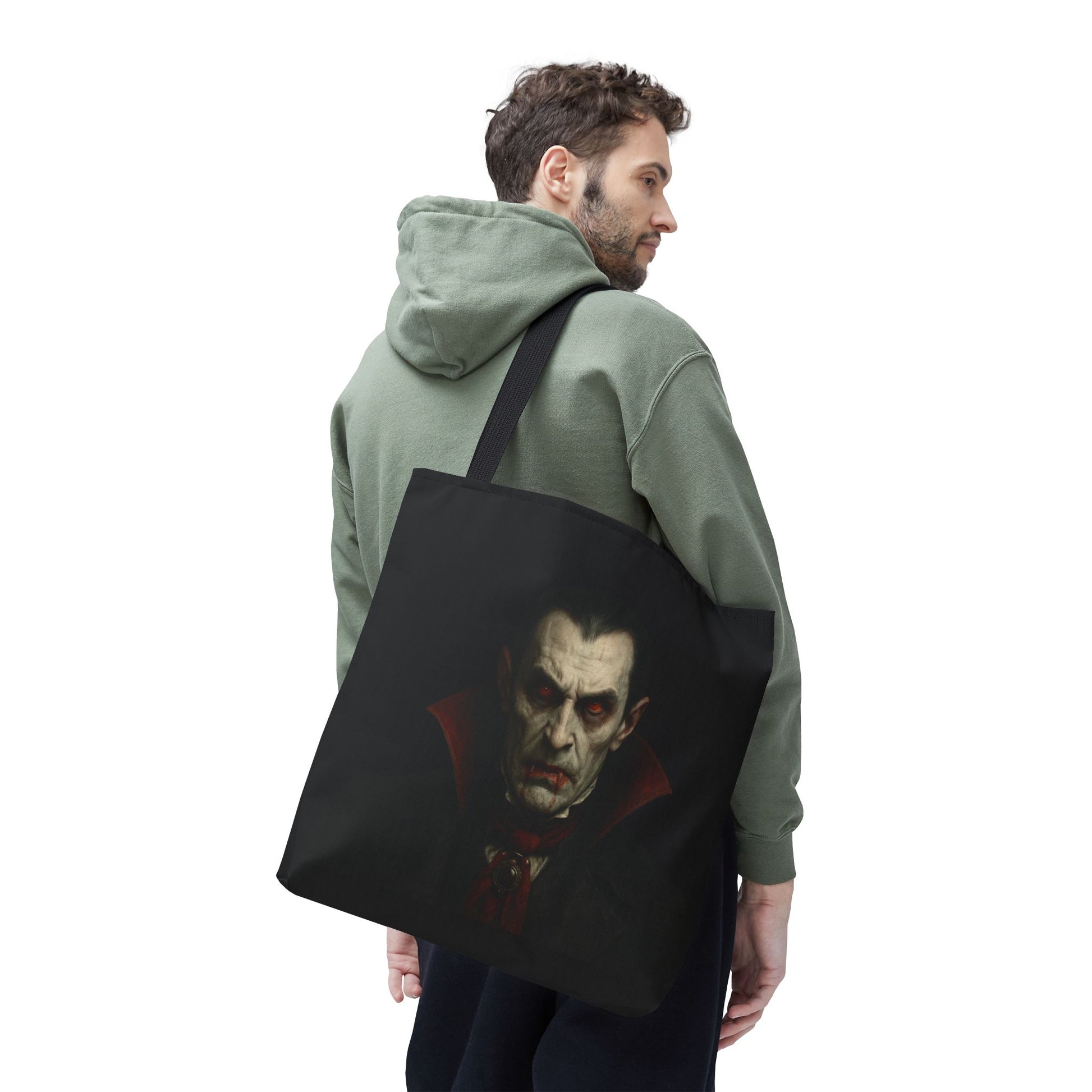 Black vampire tote bag with gothic spooky design, featuring a vampire motif, perfect for Halloween gothic fashion accessories.