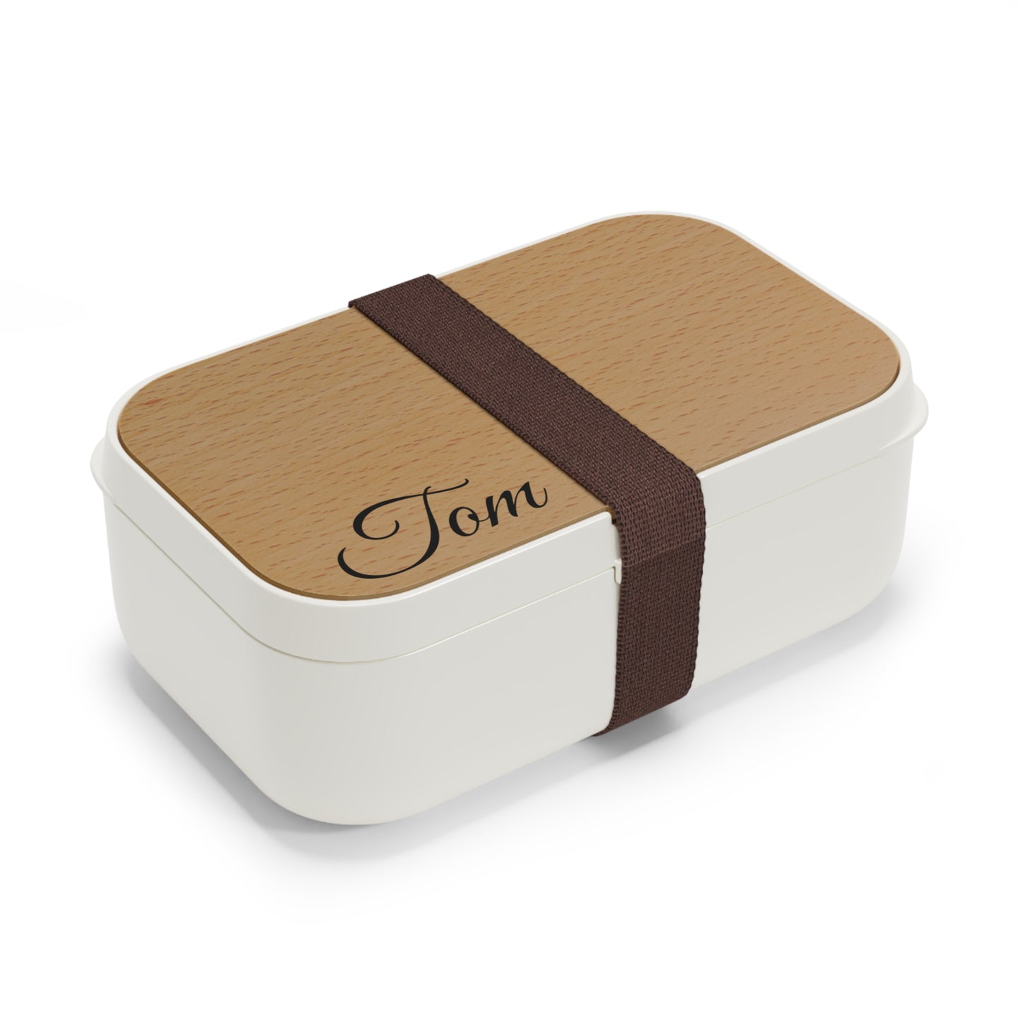 Personalized wooden bento lunch box with engraved name "Tom," durable accessories for eco-friendly lunch storage.