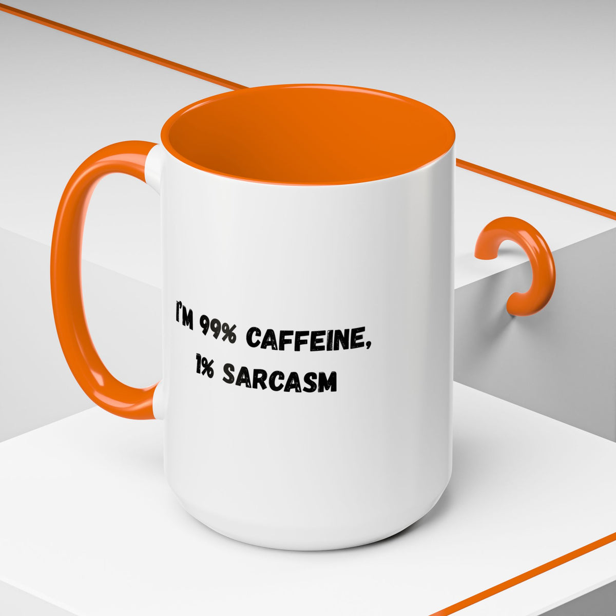 White ceramic coffee mug with "I'm 99% Caffeine, 1% Sarcasm" print, ideal for hot beverages and casual use.