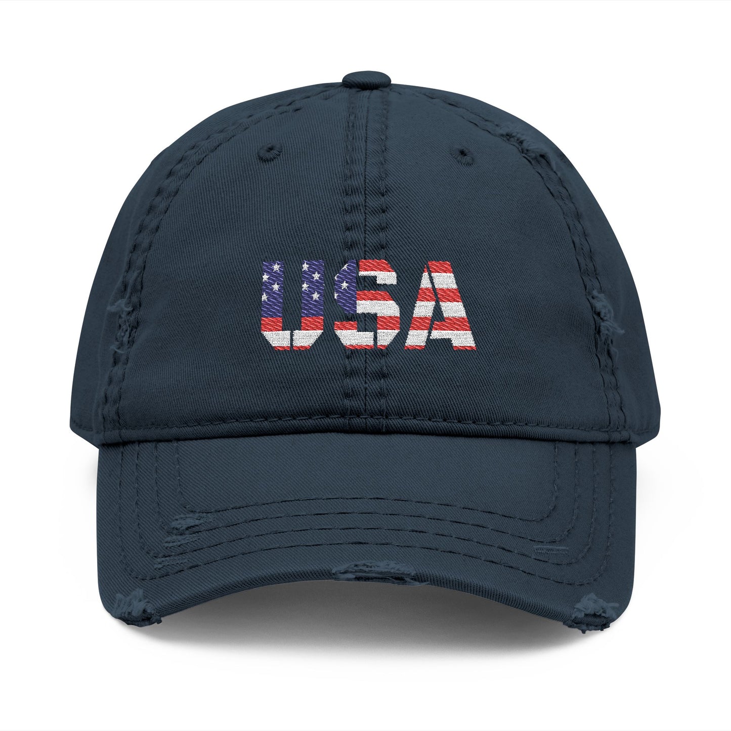 Distressed USA flag embroidered dad hat with adjustable strap, casual men's hat by Printify, featuring patriotic red, white, and blue design.