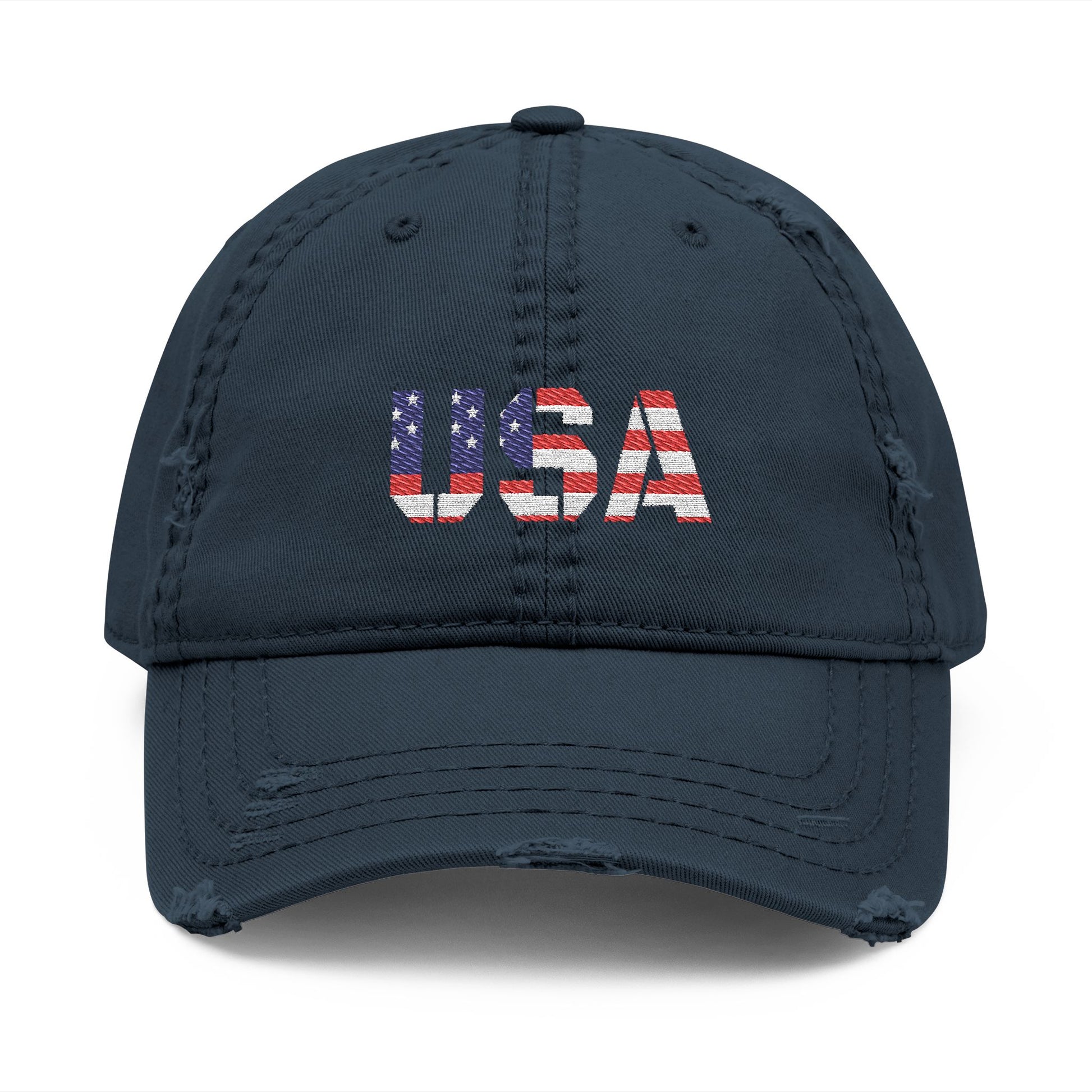 Distressed USA flag embroidered dad hat with adjustable strap, casual men's hat by Printify, featuring patriotic red, white, and blue design.