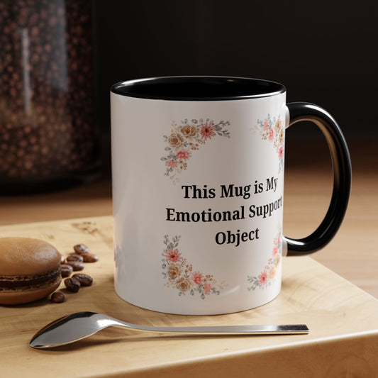 Floral accent emotional support coffee mug by Printify, 11 or 15 oz, featuring colorful floral design on ceramic mug.