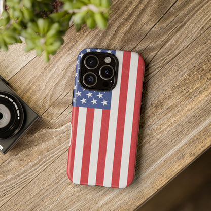 American flag tough phone case for iPhone and Samsung, patriotic protective cover with bold flag design by Printify.