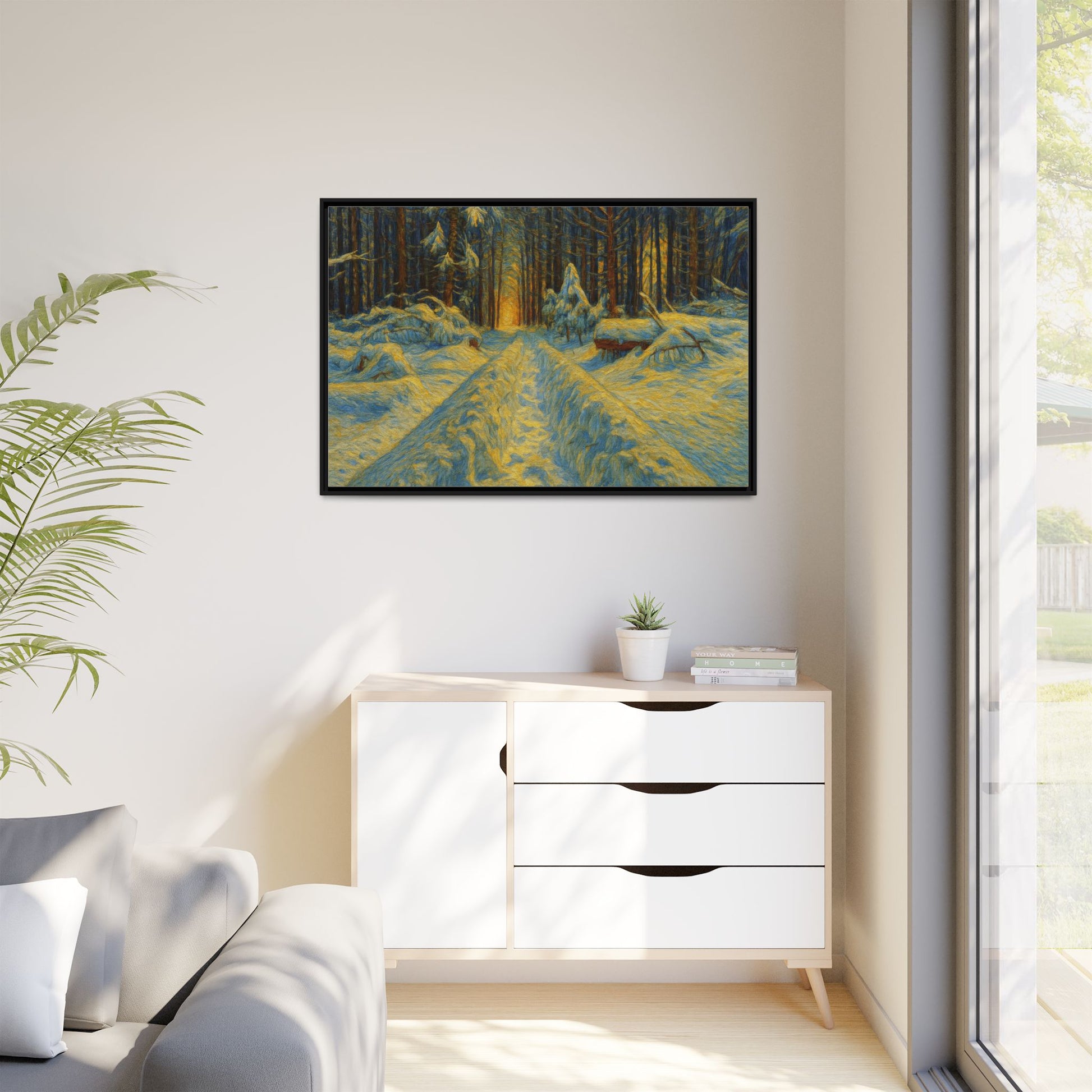 Framed matte canvas print of a snowy forest path at sunset, wall art by Printify showcasing winter landscape scenery.