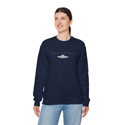 Relaxing UFO Driving Sweatshirt, Funny Gift for UFO Lovers, Unisex Crewneck Pullover, Casual Wear, Space Enthusiast Apparel