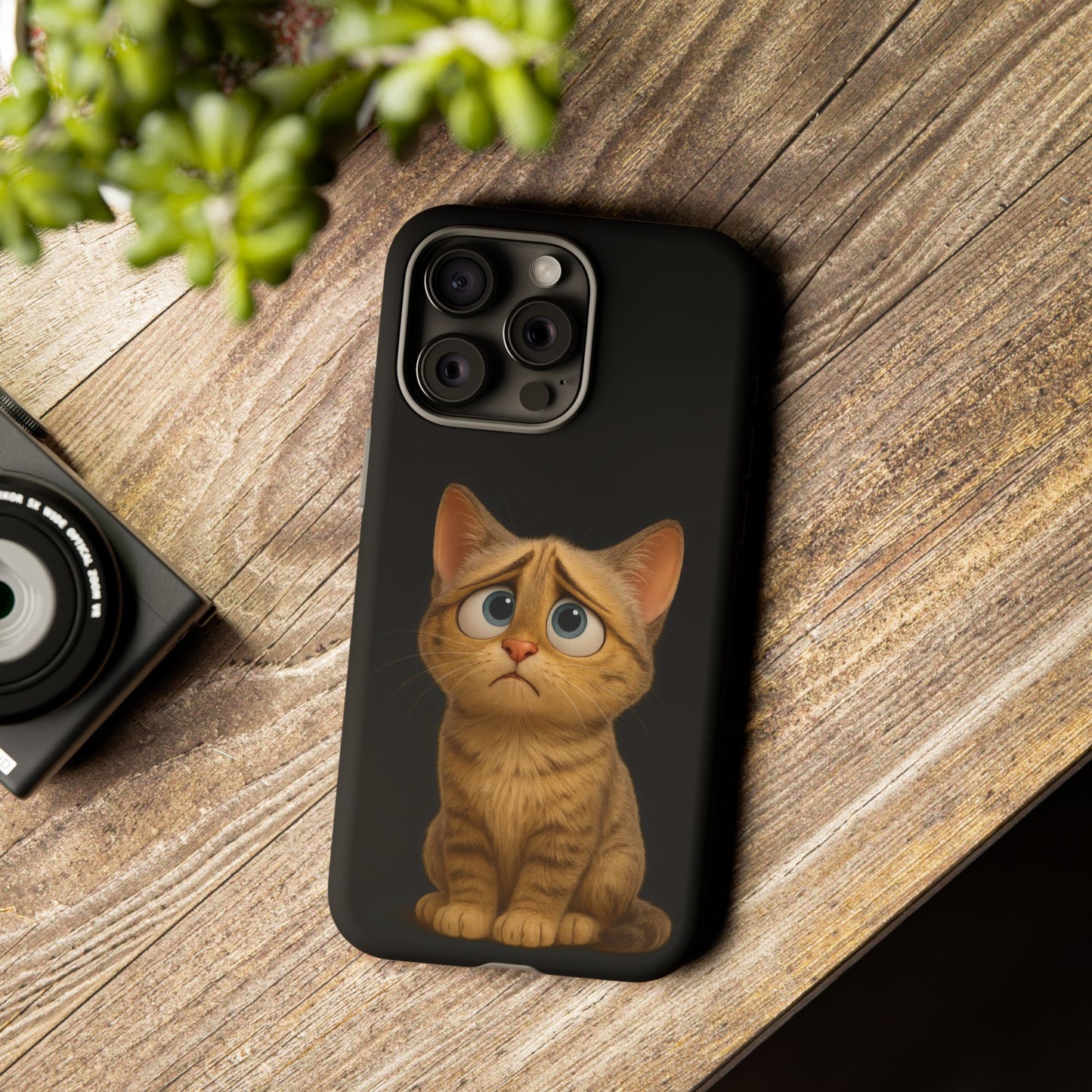 Cute sad kitty print phone case for iPhone, protective and stylish cat-themed accessory from Printify.