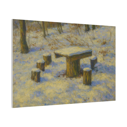 Winter landscape canvas wall art featuring a snowy forest scene, matte finish, stretched print by Printify.