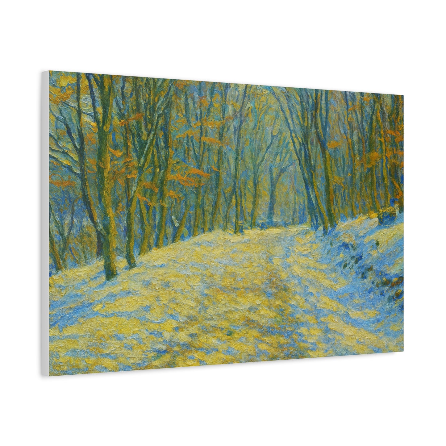 Winter landscape canvas wall art by Printify featuring a cozy nature scene, perfect for decorating living rooms.