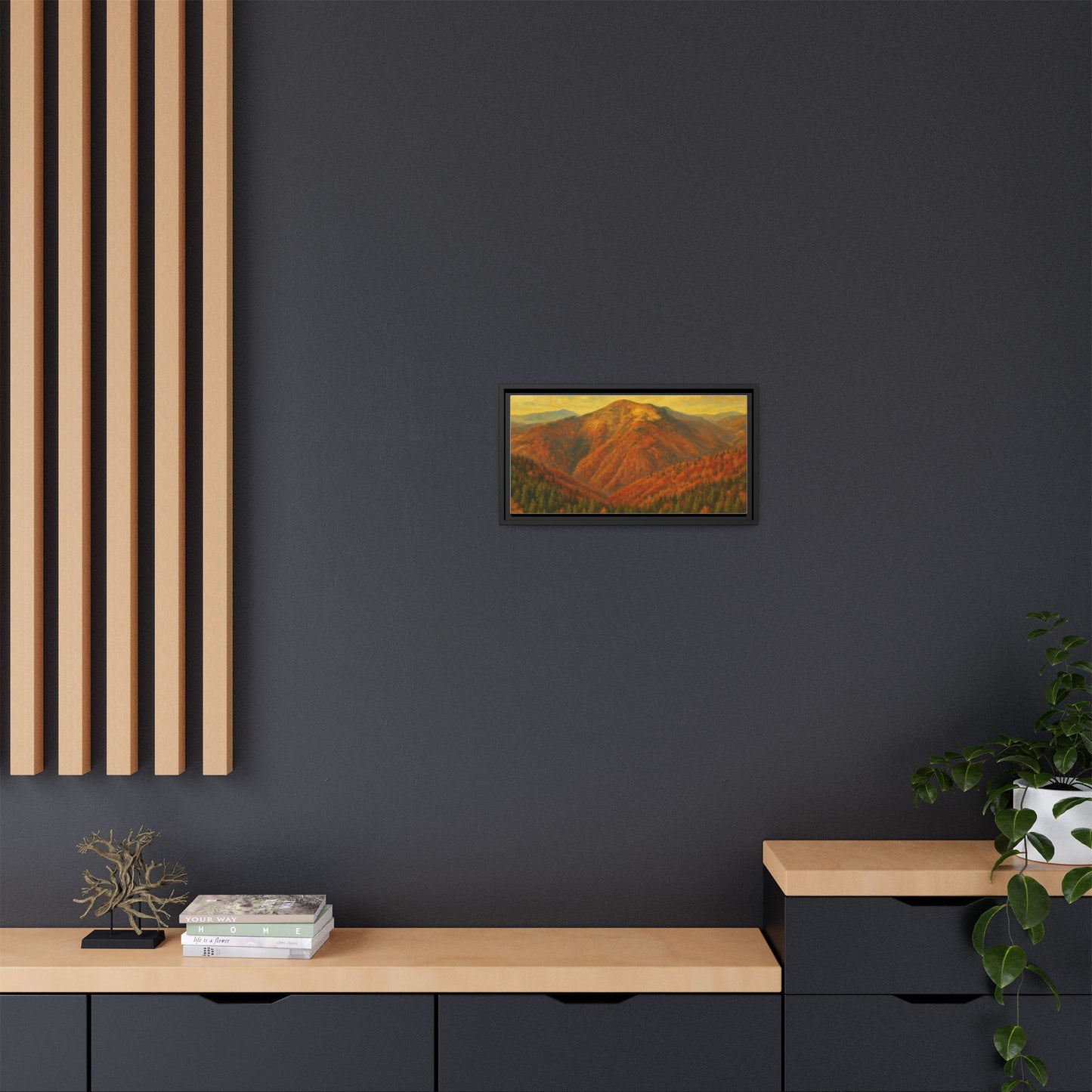 Autumn mountain matte canvas framed wall art by Printify featuring a scenic mountain landscape in warm autumn tones.