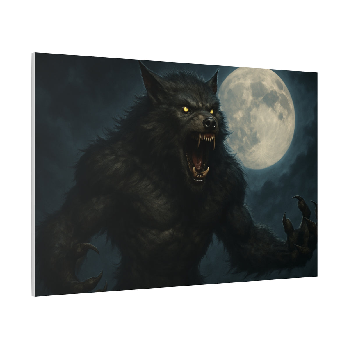 Spooky werewolf moon full moon matte canvas print wall art by Printify featuring a haunting moonlit scene.