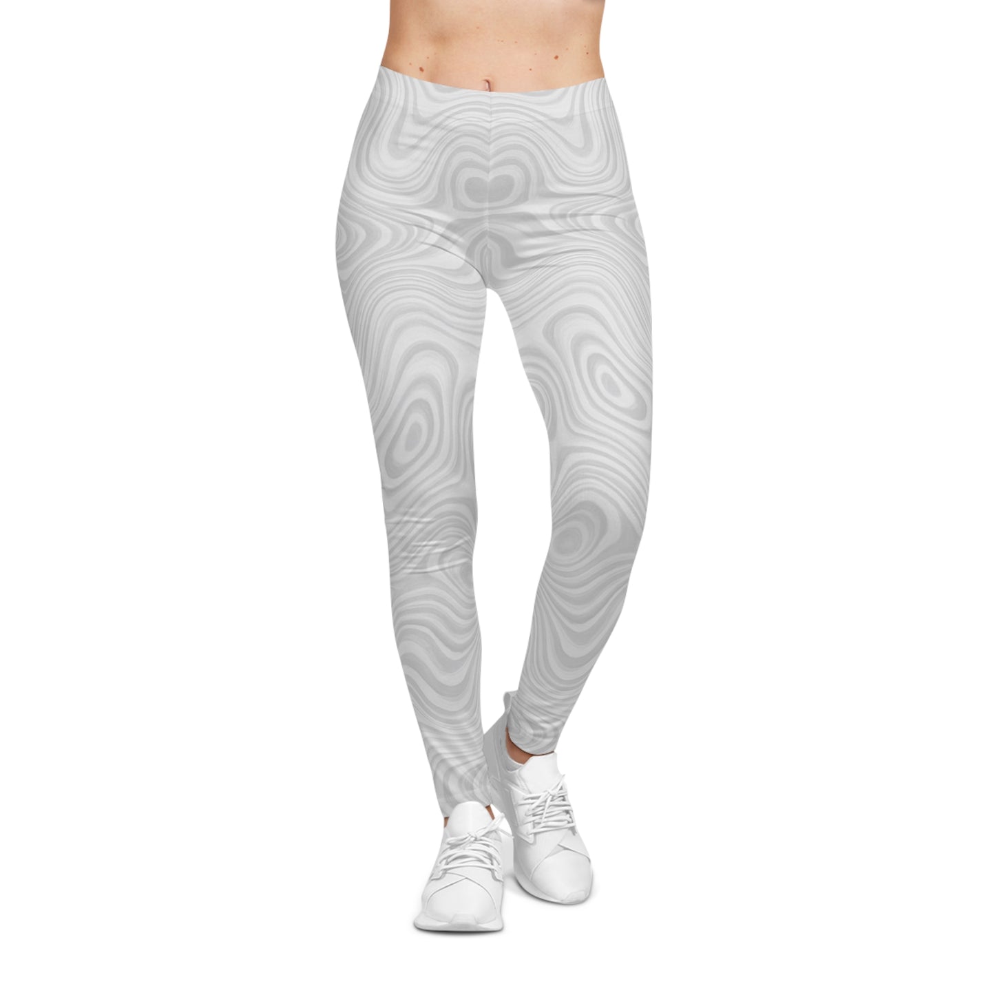 White marble swirl print women's casual leggings with all-over marble pattern from Printify, full-length and comfortable fit.
