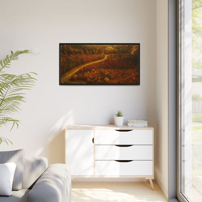 Framed matte canvas print of autumn forest road landscape wall art by Printify, featuring vibrant fall trees and scenic pathway.