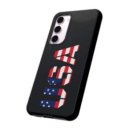 Close-up of a Printify USA phone case featuring a patriotic American flag design on a durable phone case.