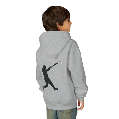 Kids youth baseball silhouette hoodie featuring a baseball player graphic, pullover style, comfortable kids' baseball apparel by Printify.
