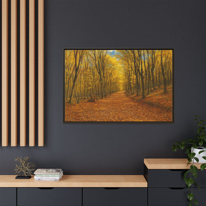 Autumn Forest Path matte canvas framed wall art by Printify, featuring a scenic forest trail with vibrant fall foliage.