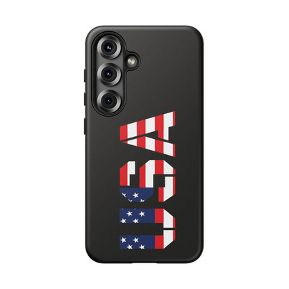 USA Phone Case featuring a patriotic American flag design, durable tough case from Printify for iPhone or Android phones.