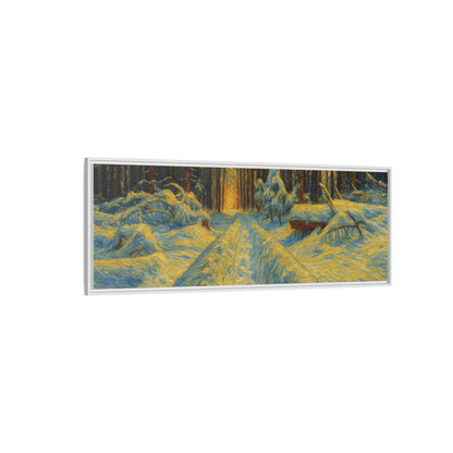 Framed matte canvas print of a snowy forest path at sunset, wall art by Printify showing winter landscape scene.