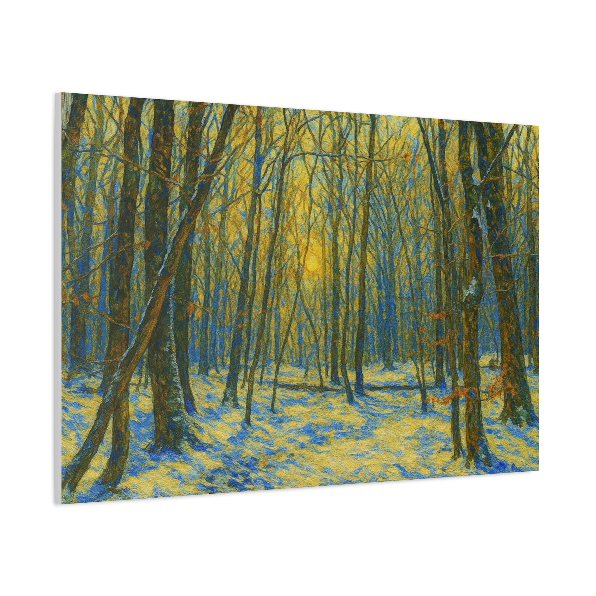 Winter woodland forest sunlight canvas print by Printify, matte stretched art featuring a serene winter forest scene.
