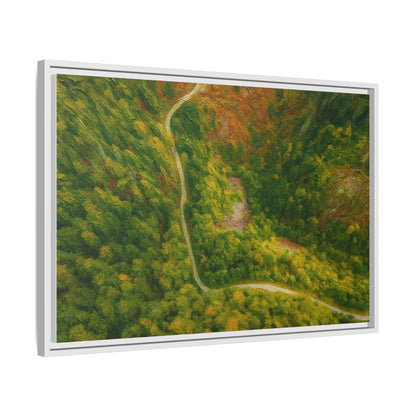 Colorful framed matte canvas wall art featuring an aerial forest path landscape by Printify.
