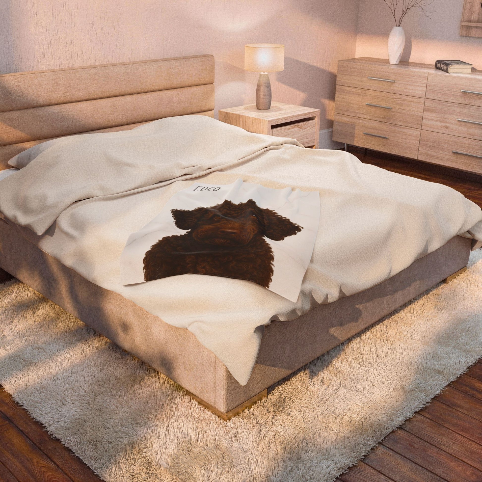 Custom brown Labradoodle portrait blanket with velveteen plush fabric featuring all-over print design.