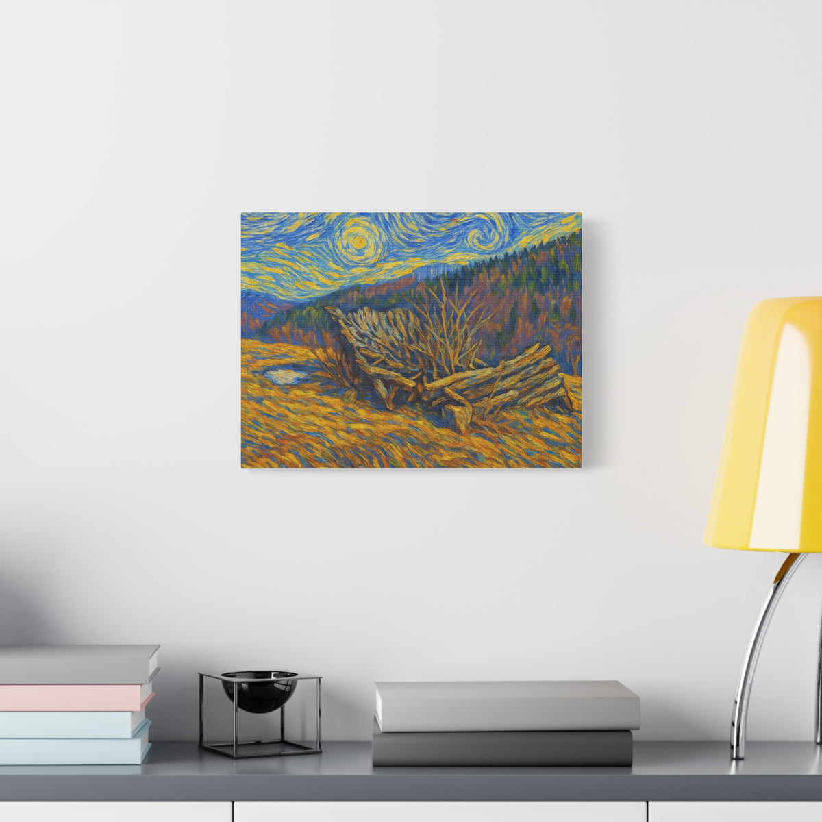 Impressionist Starry Landscape canvas print by Printify showing a vibrant night sky with stars over a scenic landscape.