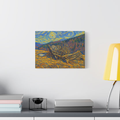 Impressionist Starry Landscape canvas print by Printify showing a vibrant night sky with stars over a scenic landscape.