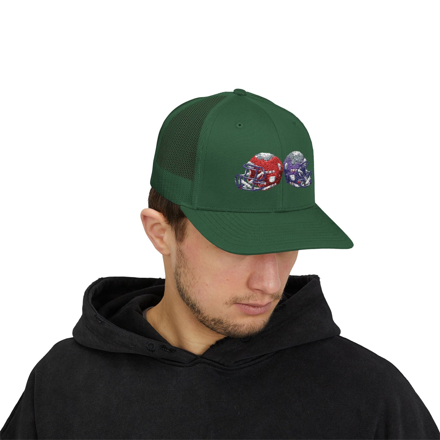 Sporty Snapback Trucker Cap with Football Helmets, Baseball Cap, Outdoor Activity Hat, Gift for Sports Fans, Team Spirit Wear - TRV