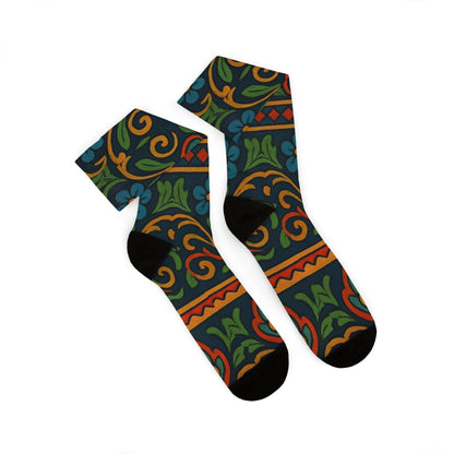 Victorian floral tile patterned sublimation crew socks with all-over print design by Printify, featuring vibrant floral motifs.