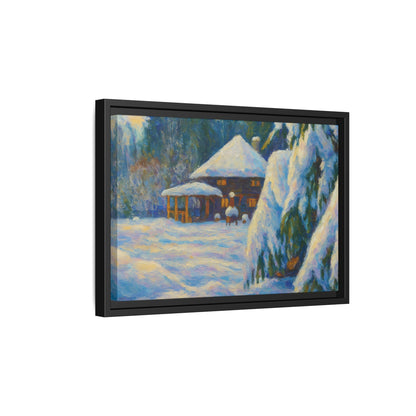 Framed matte canvas print of a snowy cabin winter landscape wall art by Printify, featuring a cozy cabin surrounded by snow-covered trees.