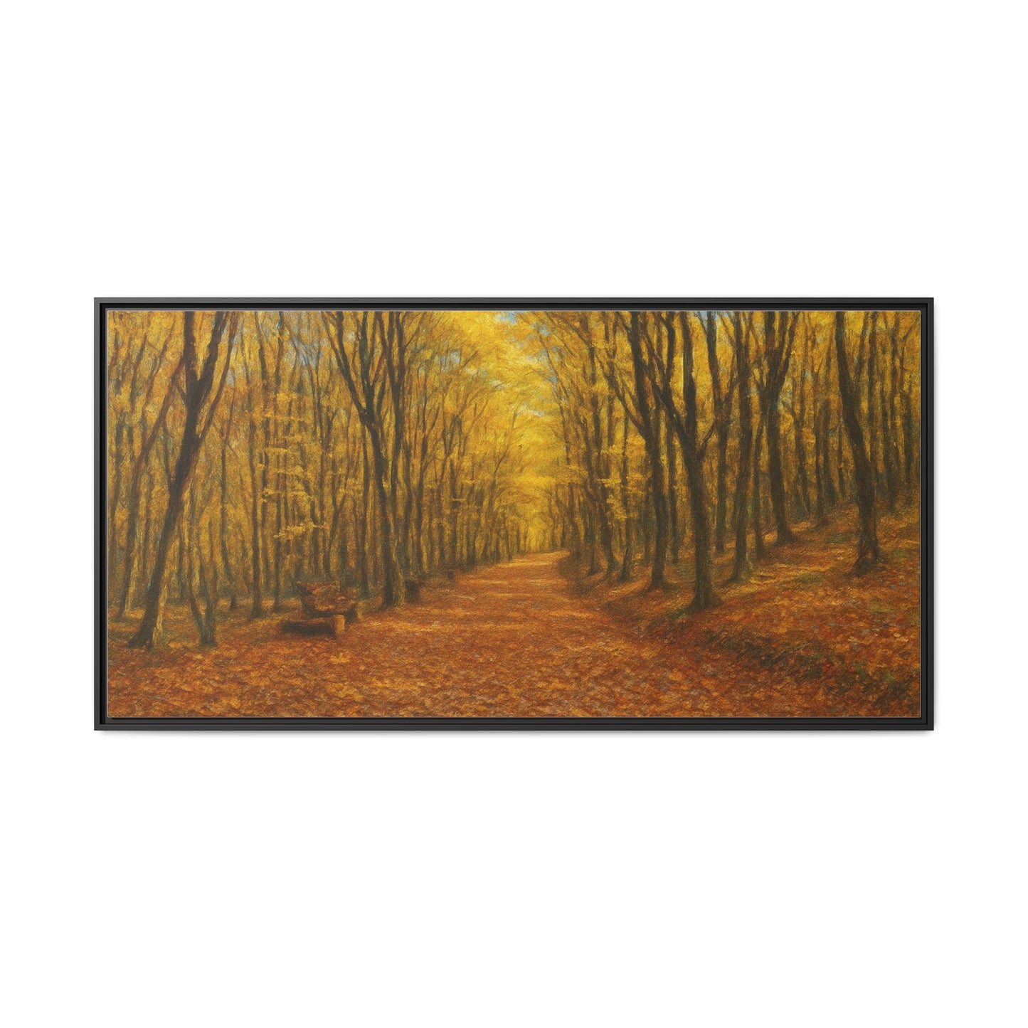 Autumn forest path matte canvas wall art featuring vibrant fall trees and a serene woodland scene by Printify