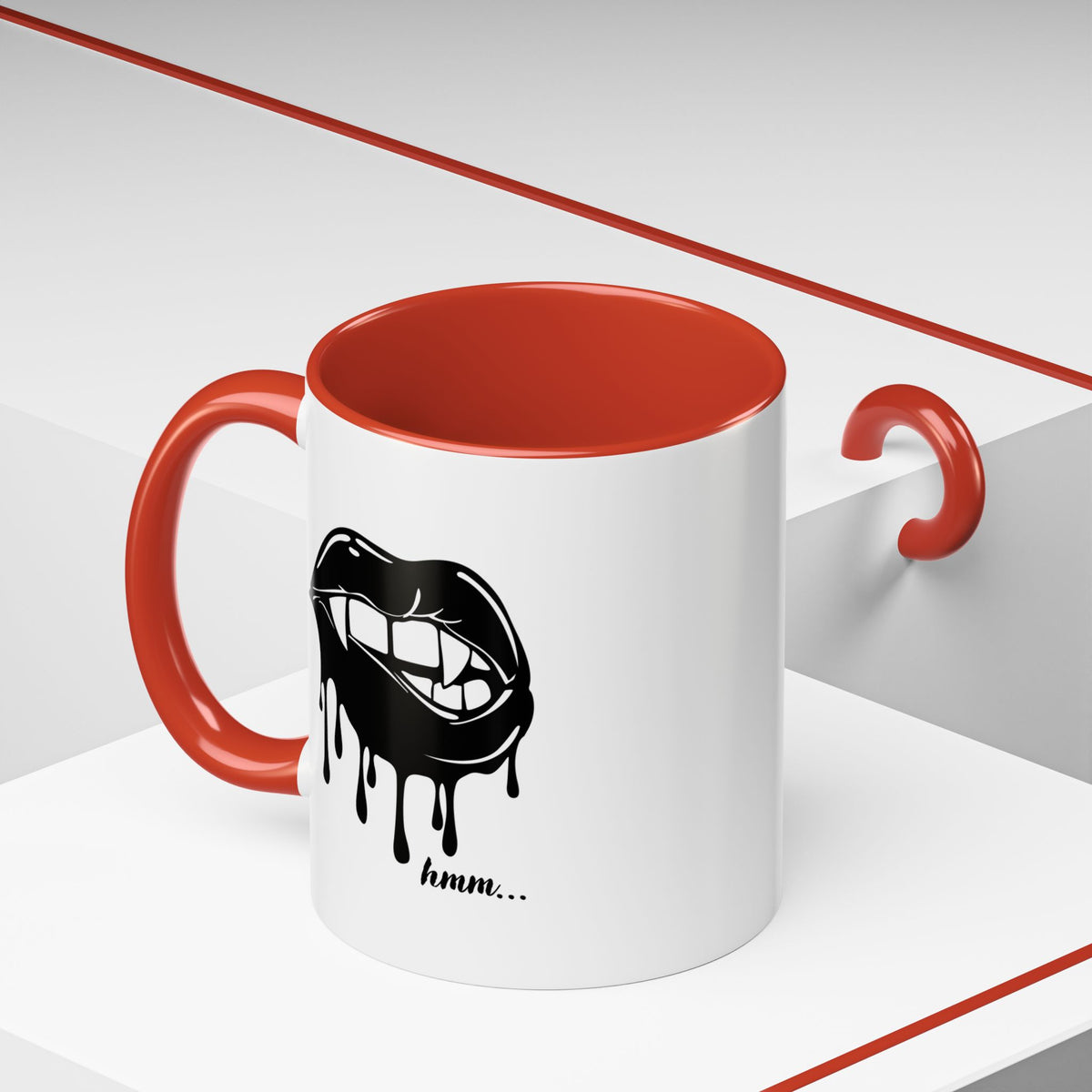 Black Dripping Lips Accent Coffee Mug with Bite graphic, 11oz or 15oz, by Printify, shown with a close-up of the mug's design