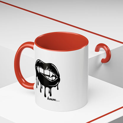 Black Dripping Lips Accent Coffee Mug with Bite graphic, 11oz or 15oz, by Printify, shown with a close-up of the mug's design