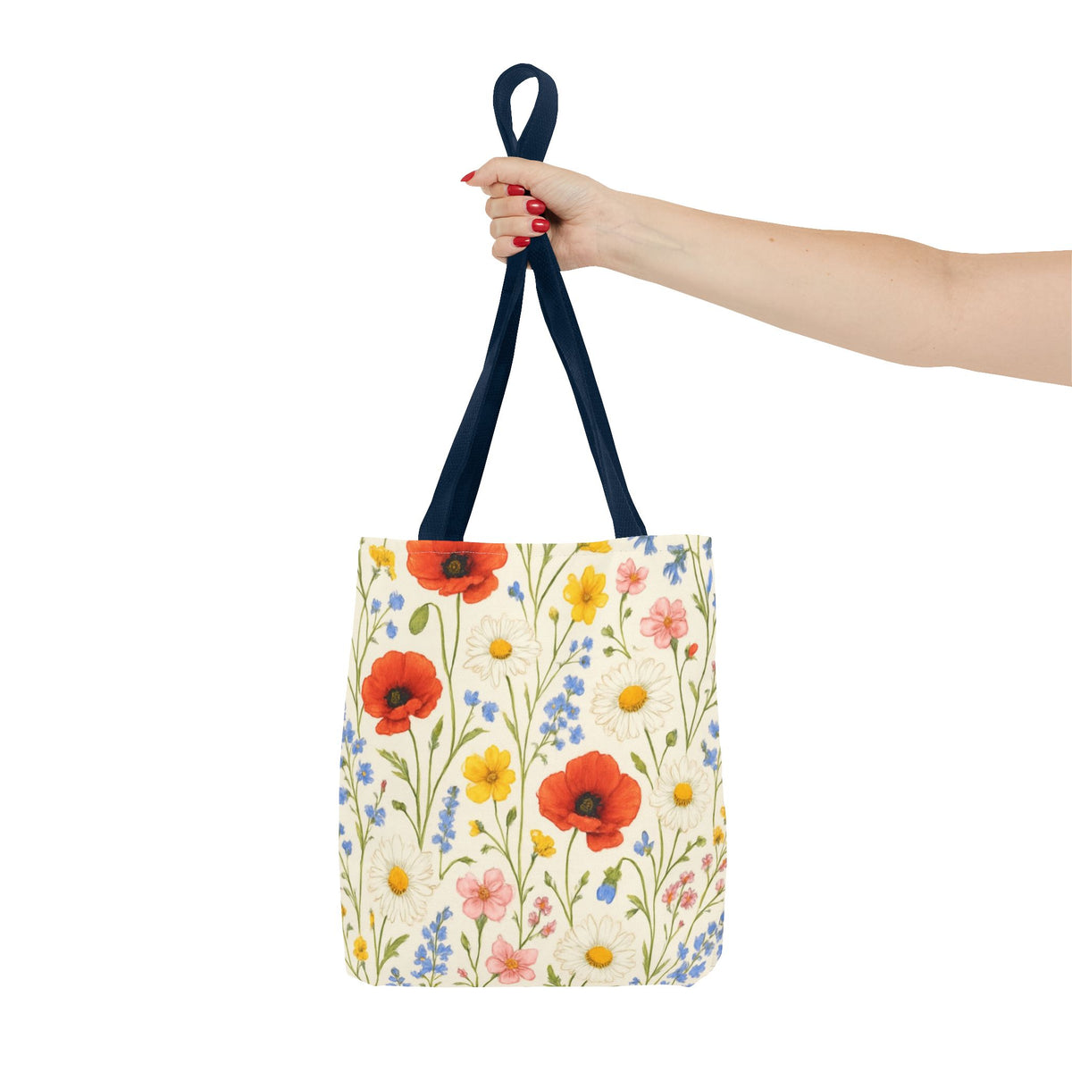 Wildflower Poppy print tote bag by Printify featuring a vibrant floral all-over pattern on durable fabric.