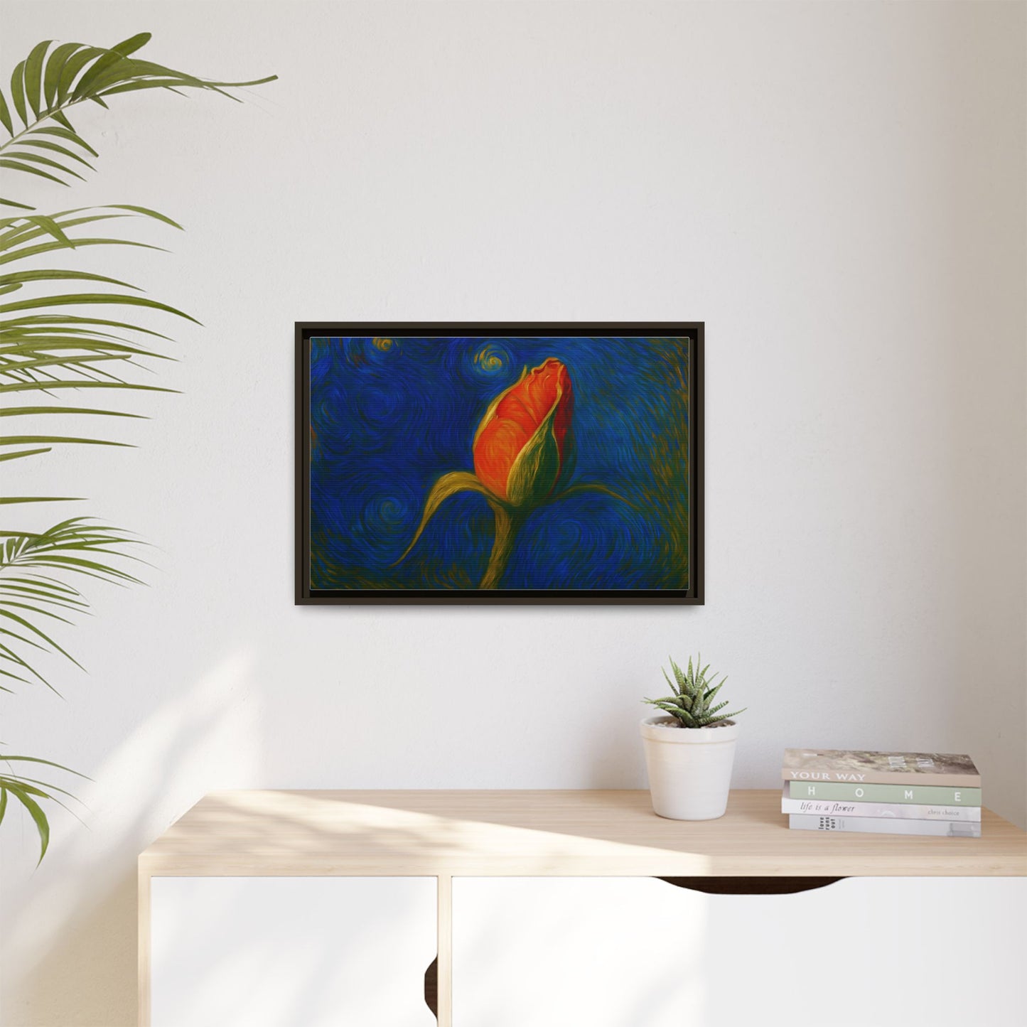 Red rose bud painting on canvas framed wall art by Printify, featuring a vibrant, matte floral design for home decor.