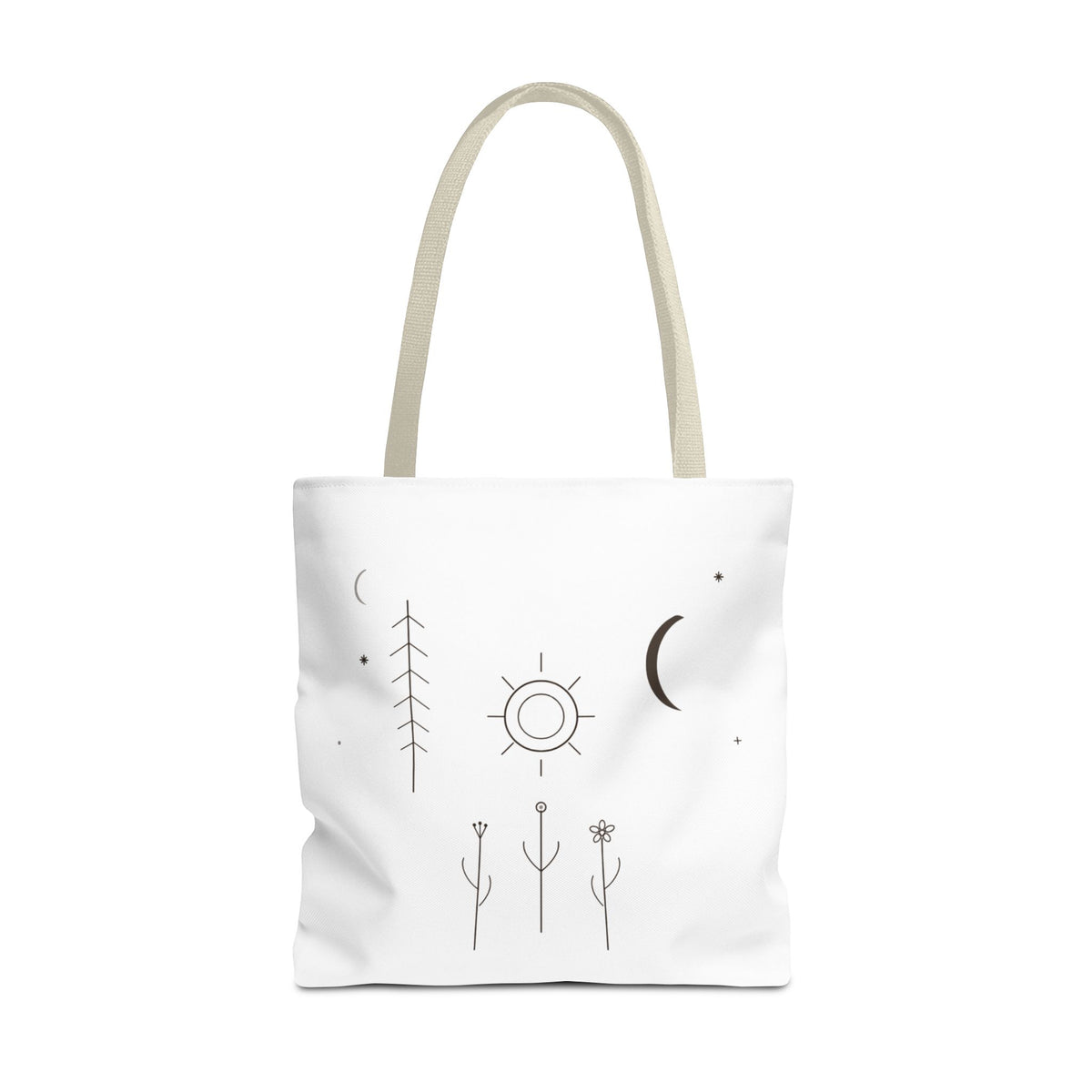 Minimal Moon and Sun botanical tote bag featuring celestial line art, made by Printify, with a natural fabric handle and botanical design.