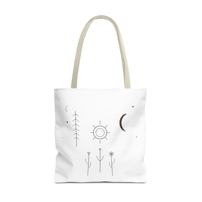 Minimal Moon and Sun botanical tote bag featuring celestial line art, made by Printify, with a natural fabric handle and botanical design.