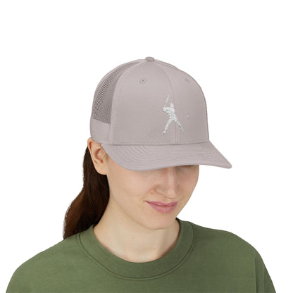 Vintage baseball snapback trucker cap with batter silhouette print, stylish men's hat by Printify.