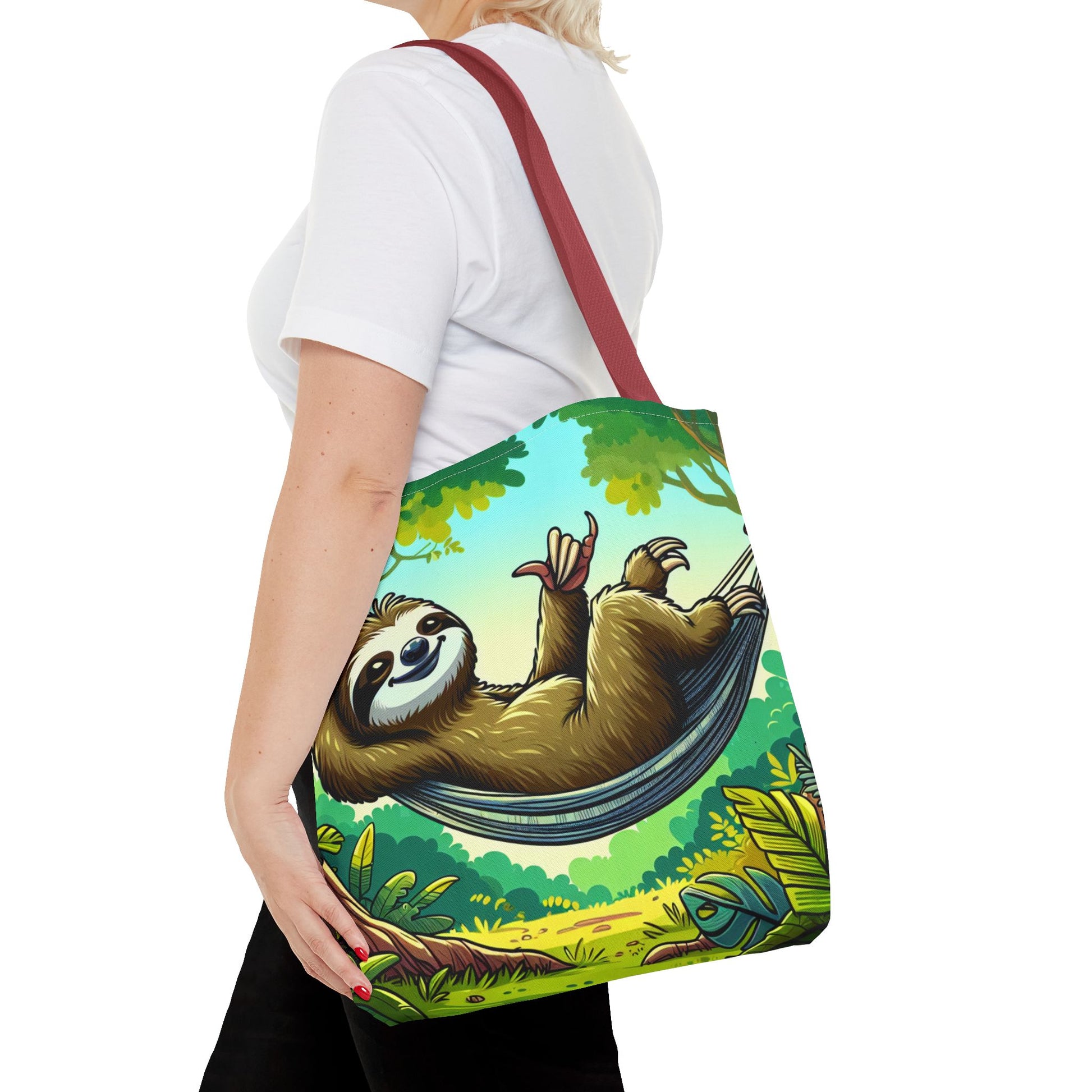 Cute eco-friendly sloth tote bag featuring a playful sloth design, perfect for animal lovers and casual outings.